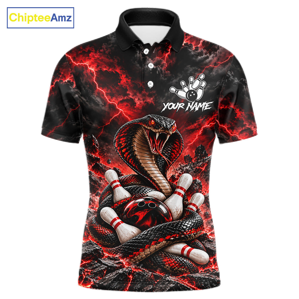 Black And Red Custom Cobra Lightning Bowling Shirts For Men, Bowling Team Jersey Polo & 1/4 Zip TDM7916