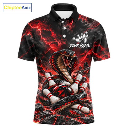 Black And Red Custom Cobra Lightning Bowling Shirts For Men, Bowling Team Jersey Polo & 1/4 Zip TDM7916