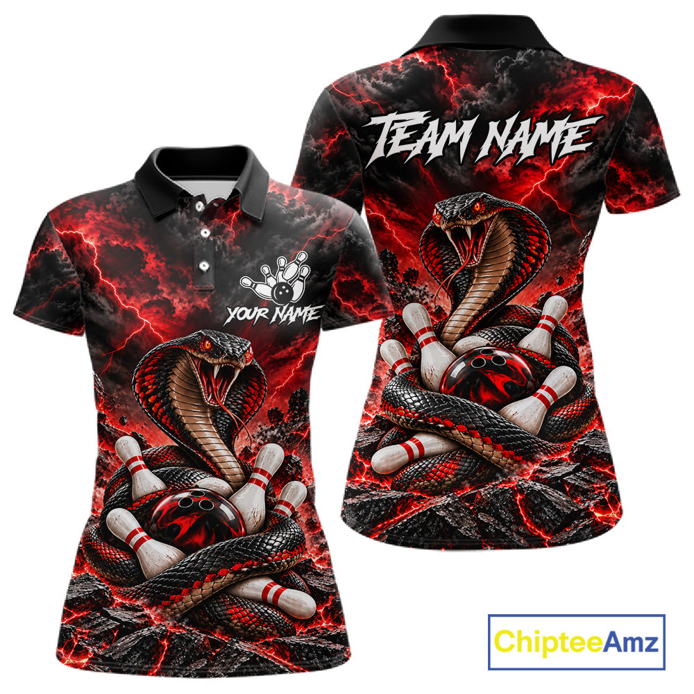Black And Red Custom Cobra Lightning Bowling Shirts For Women, Bowling Team Jersey Polo & 1/4 Zip TDM7916