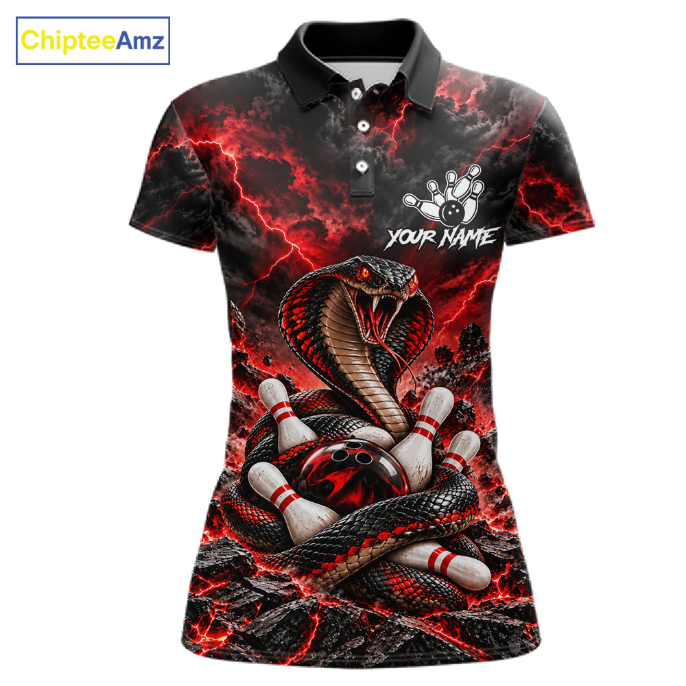 Black And Red Custom Cobra Lightning Bowling Shirts For Women, Bowling Team Jersey Polo & 1/4 Zip TDM7916