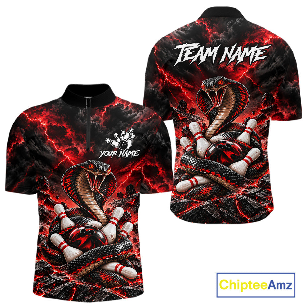 Black And Red Custom Cobra Lightning Bowling Shirts For Men, Bowling Team Jersey Polo & 1/4 Zip TDM7916