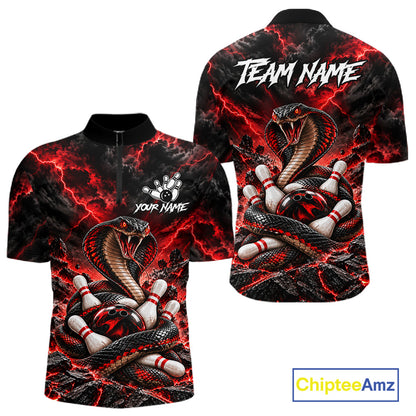 Black And Red Custom Cobra Lightning Bowling Shirts For Men, Bowling Team Jersey Polo & 1/4 Zip TDM7916
