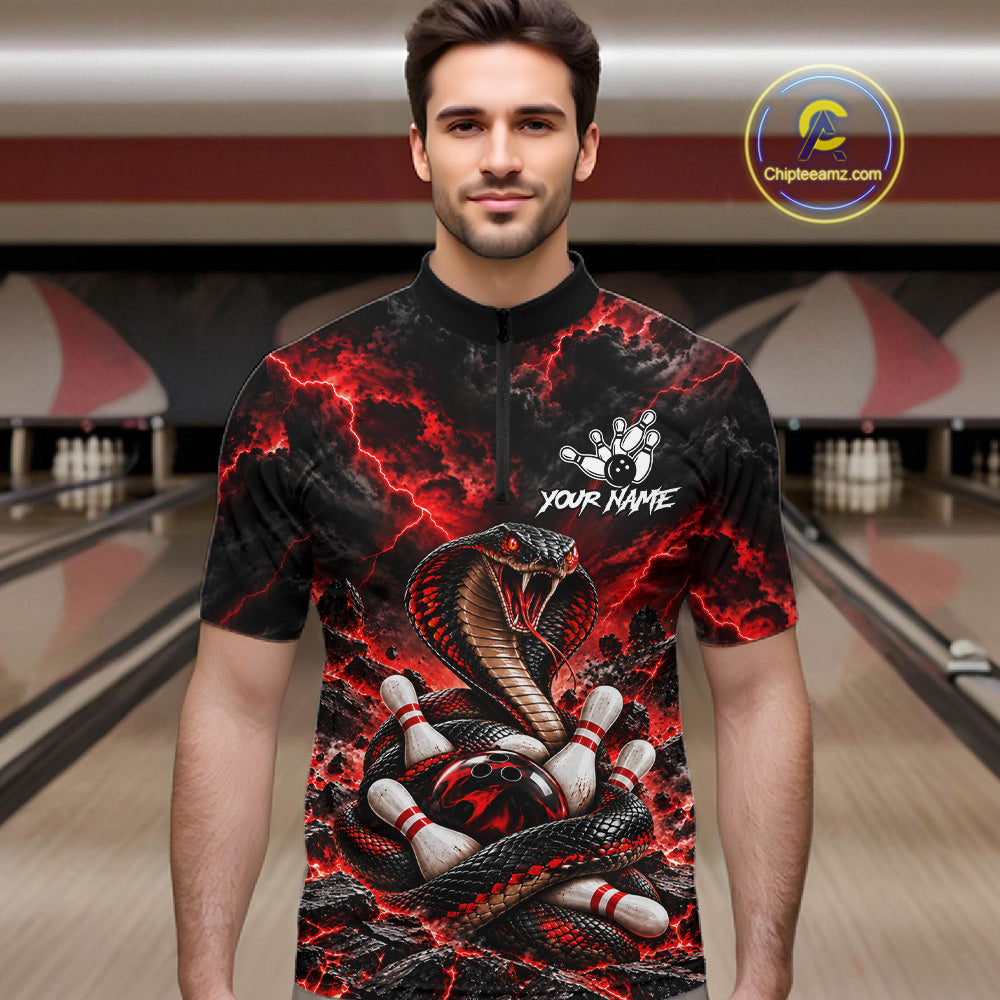 Black And Red Custom Cobra Lightning Bowling Shirts For Men, Bowling Team Jersey Polo & 1/4 Zip TDM7916