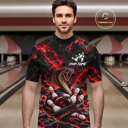 Black And Red Custom Cobra Lightning Bowling Shirts For Men, Bowling Team Jersey Polo & 1/4 Zip TDM7916