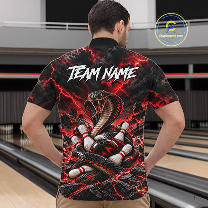 Black And Red Custom Cobra Lightning Bowling Shirts For Men, Bowling Team Jersey Polo & 1/4 Zip TDM7916