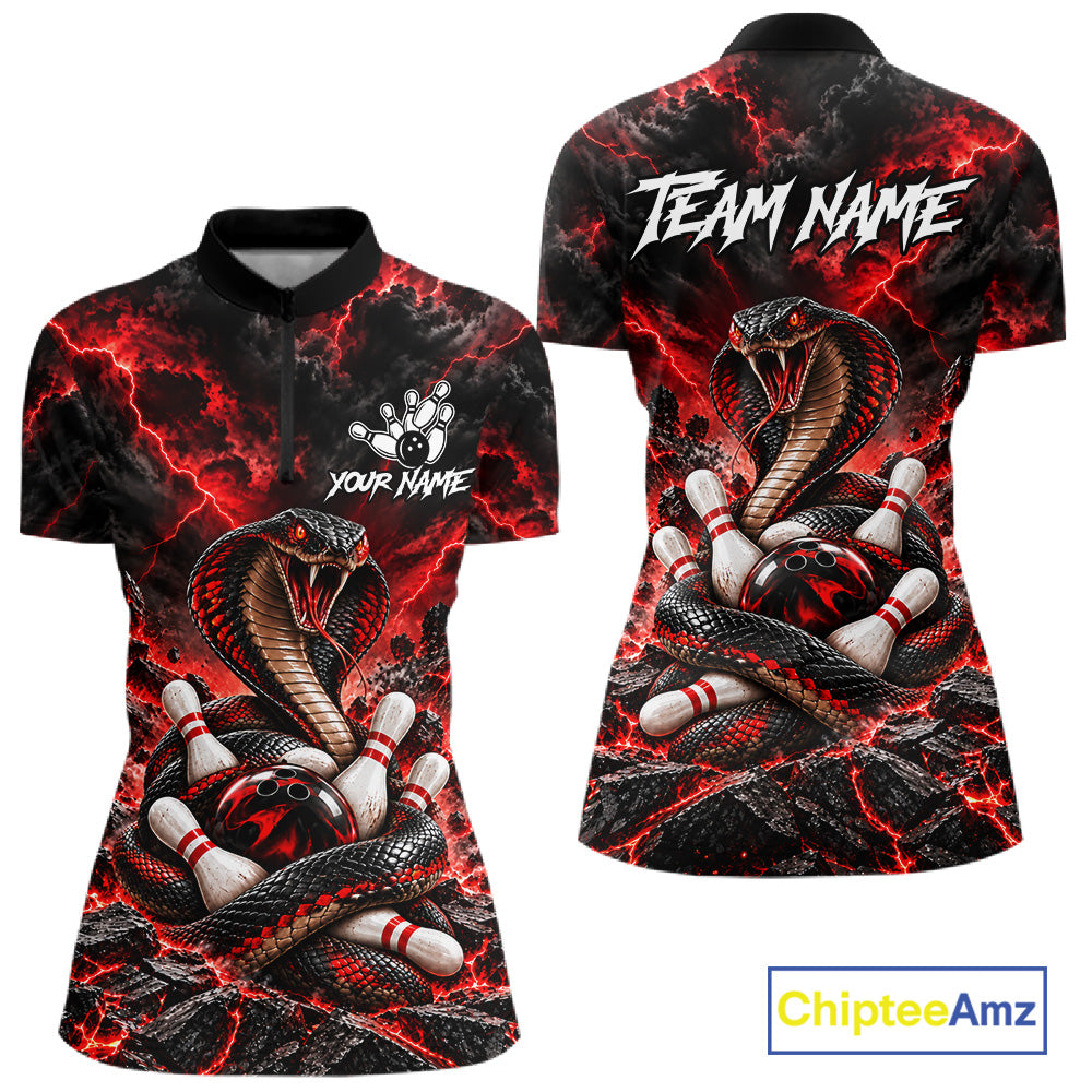 Black And Red Custom Cobra Lightning Bowling Shirts For Women, Bowling Team Jersey Polo & 1/4 Zip TDM7916