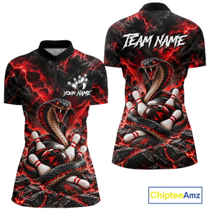 Black And Red Custom Cobra Lightning Bowling Shirts For Women, Bowling Team Jersey Polo & 1/4 Zip TDM7916