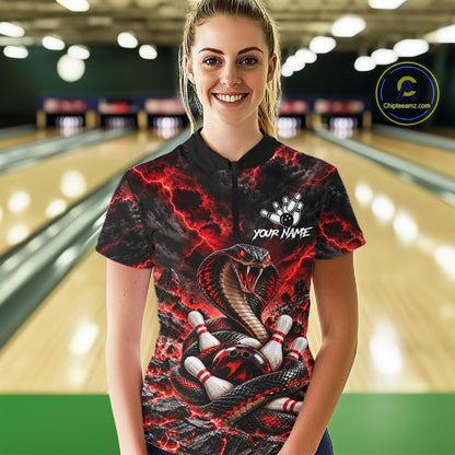 Black And Red Custom Cobra Lightning Bowling Shirts For Women, Bowling Team Jersey Polo & 1/4 Zip TDM7916