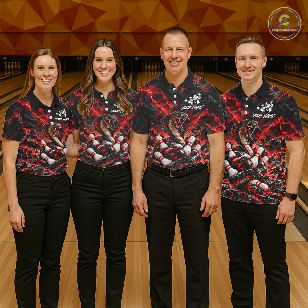 Black And Red Custom Cobra Lightning Bowling Shirts For Men, Bowling Team Jersey Polo & 1/4 Zip TDM7916