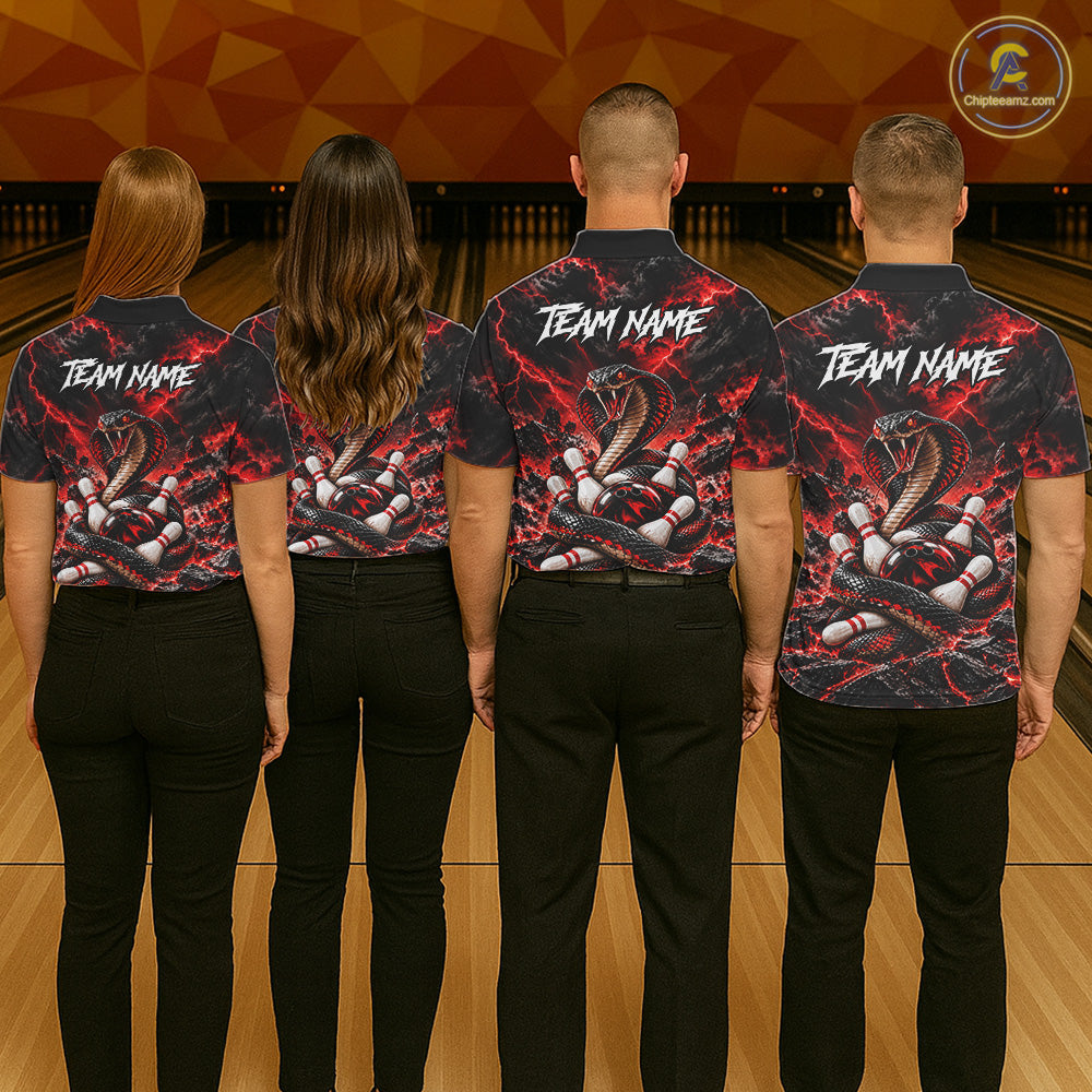 Black And Red Custom Cobra Lightning Bowling Shirts For Men, Bowling Team Jersey Polo & 1/4 Zip TDM7916