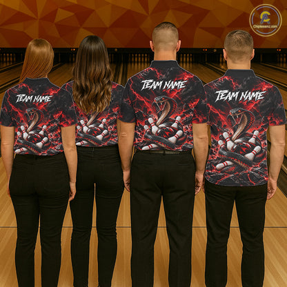 Black And Red Custom Cobra Lightning Bowling Shirts For Men, Bowling Team Jersey Polo & 1/4 Zip TDM7916