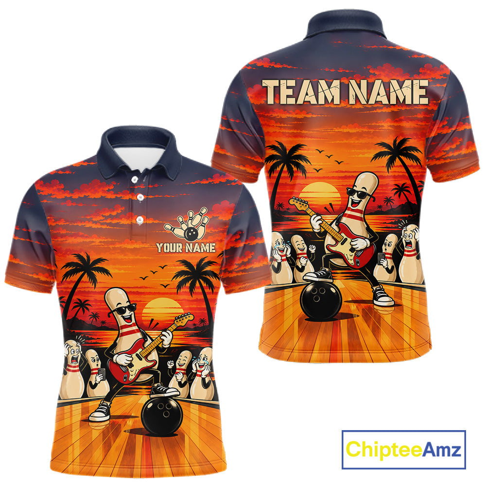 Retro Funny Rocker Bowling Shirts For Men Custom Sunset Tropical Music Bowling Team Jersey TDM7920