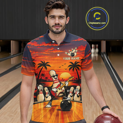 Retro Funny Rocker Bowling Shirts For Men Custom Sunset Tropical Music Bowling Team Jersey TDM7920