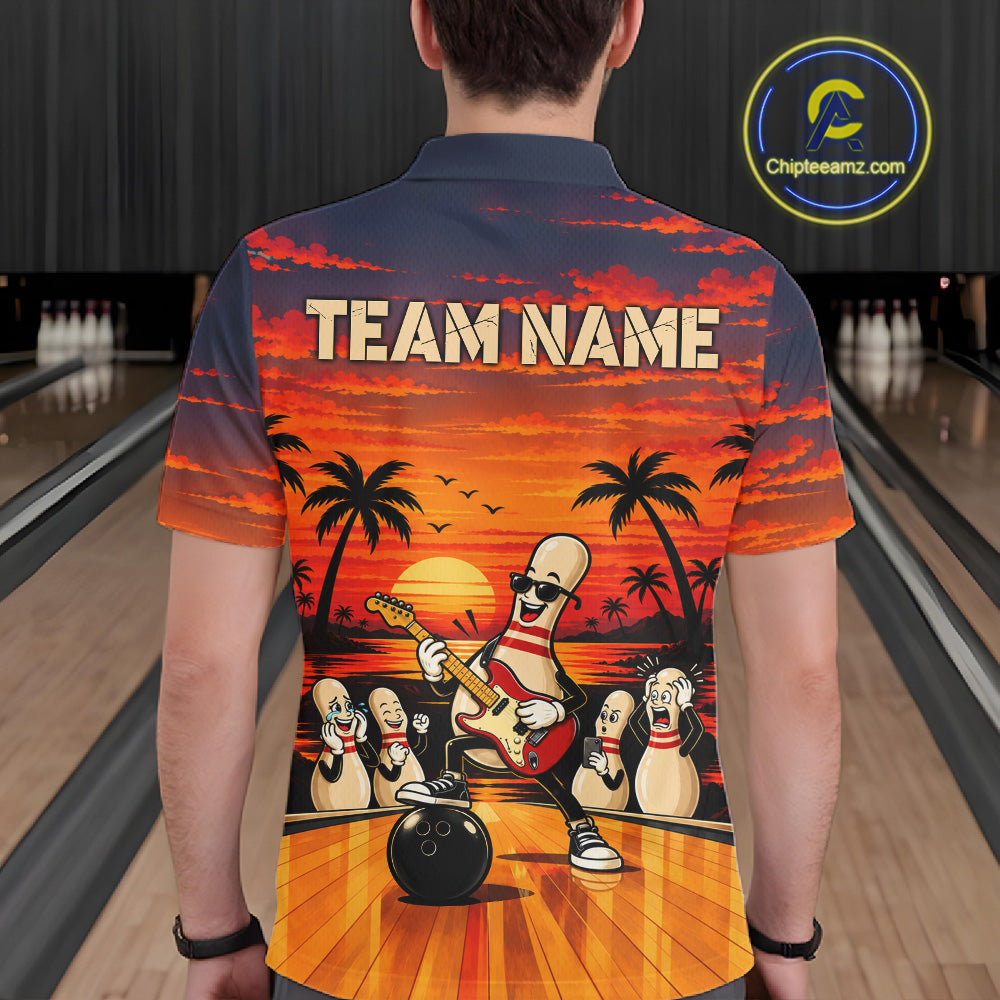 Retro Funny Rocker Bowling Shirts For Men Custom Sunset Tropical Music Bowling Team Jersey TDM7920