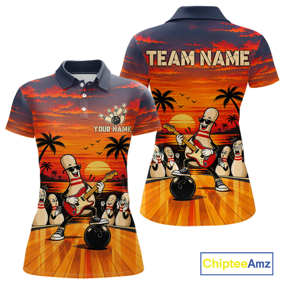 Retro Funny Rocker Bowling Shirts For Women Custom Sunset Tropical Music Bowling Team Jersey TDM7920