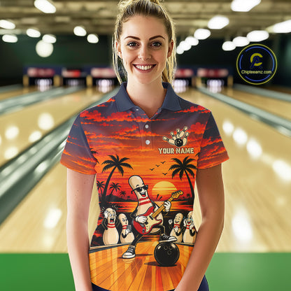 Retro Funny Rocker Bowling Shirts For Women Custom Sunset Tropical Music Bowling Team Jersey TDM7920