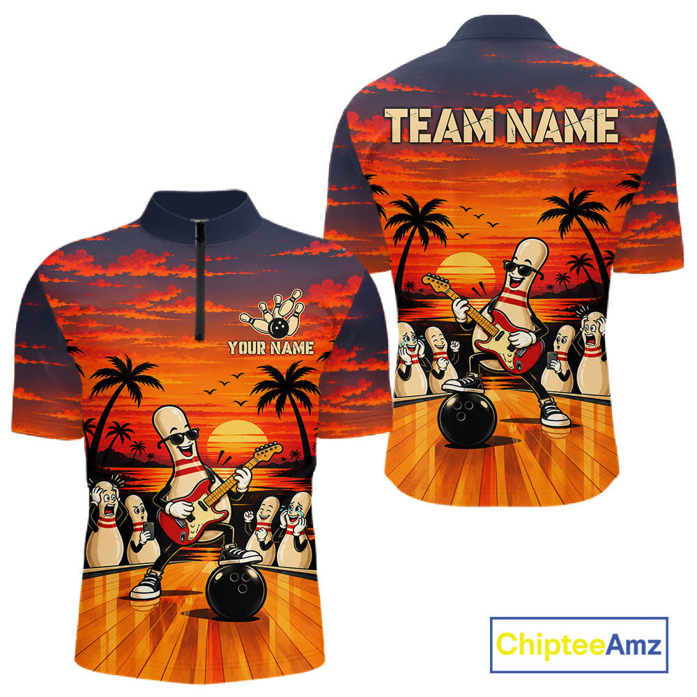 Retro Funny Rocker Bowling Shirts For Men Custom Sunset Tropical Music Bowling Team Jersey TDM7920