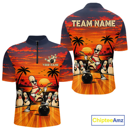Retro Funny Rocker Bowling Shirts For Men Custom Sunset Tropical Music Bowling Team Jersey TDM7920