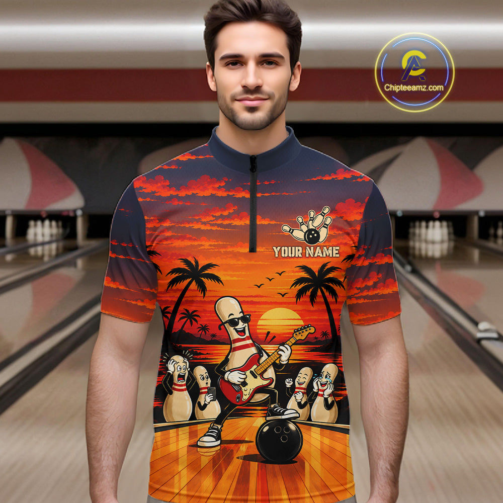 Retro Funny Rocker Bowling Shirts For Men Custom Sunset Tropical Music Bowling Team Jersey TDM7920