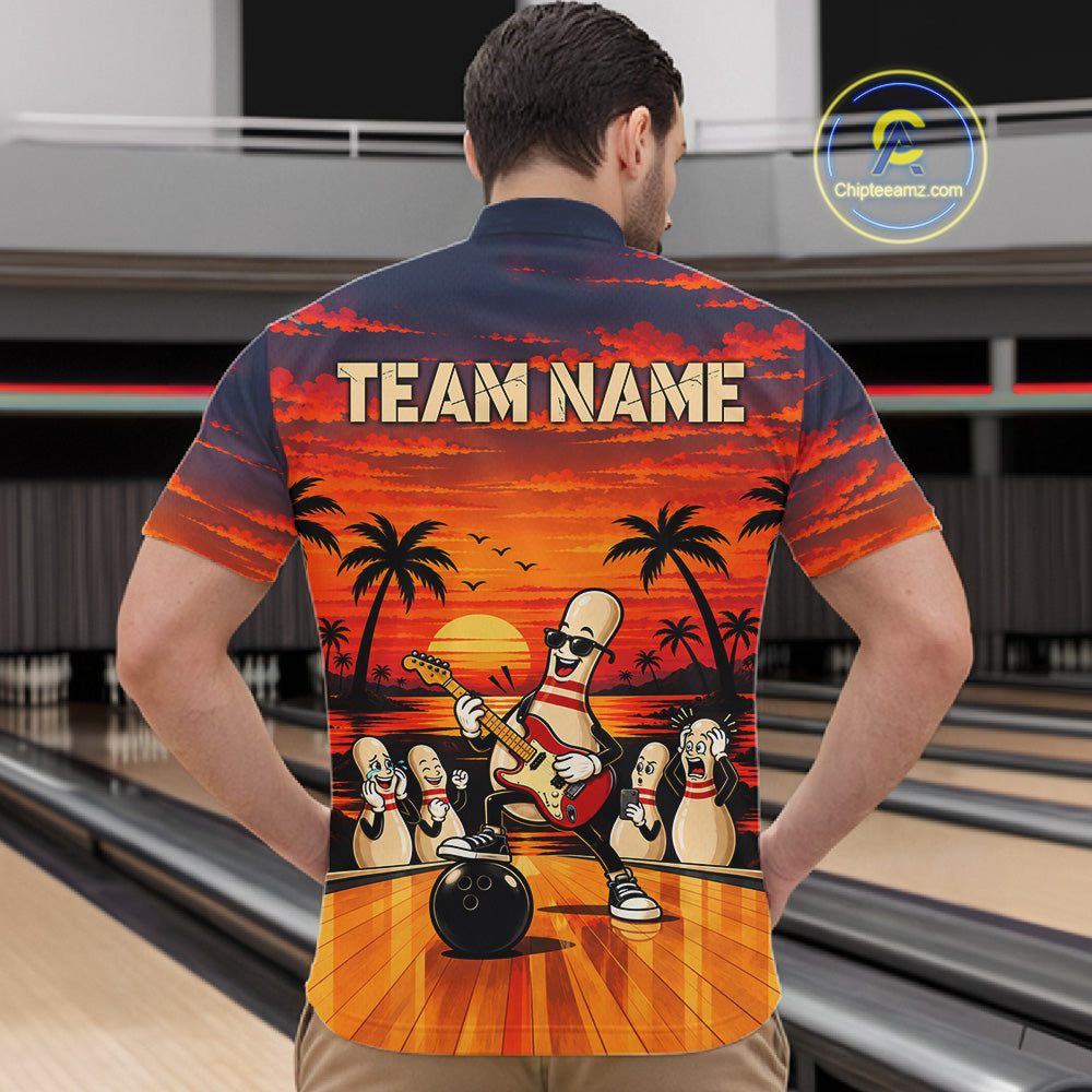 Retro Funny Rocker Bowling Shirts For Men Custom Sunset Tropical Music Bowling Team Jersey TDM7920