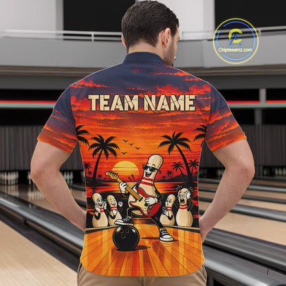 Retro Funny Rocker Bowling Shirts For Men Custom Sunset Tropical Music Bowling Team Jersey TDM7920