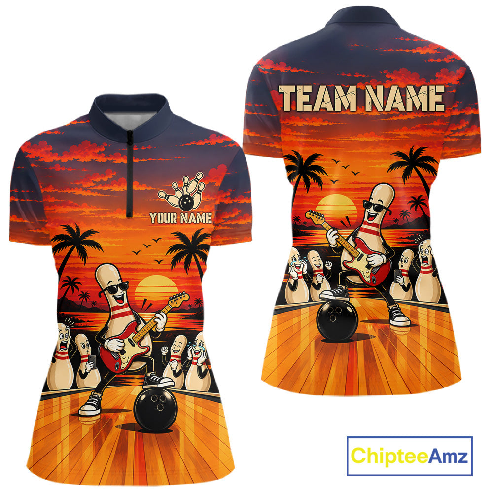 Retro Funny Rocker Bowling Shirts For Women Custom Sunset Tropical Music Bowling Team Jersey TDM7920