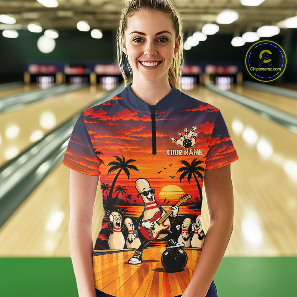 Retro Funny Rocker Bowling Shirts For Women Custom Sunset Tropical Music Bowling Team Jersey TDM7920