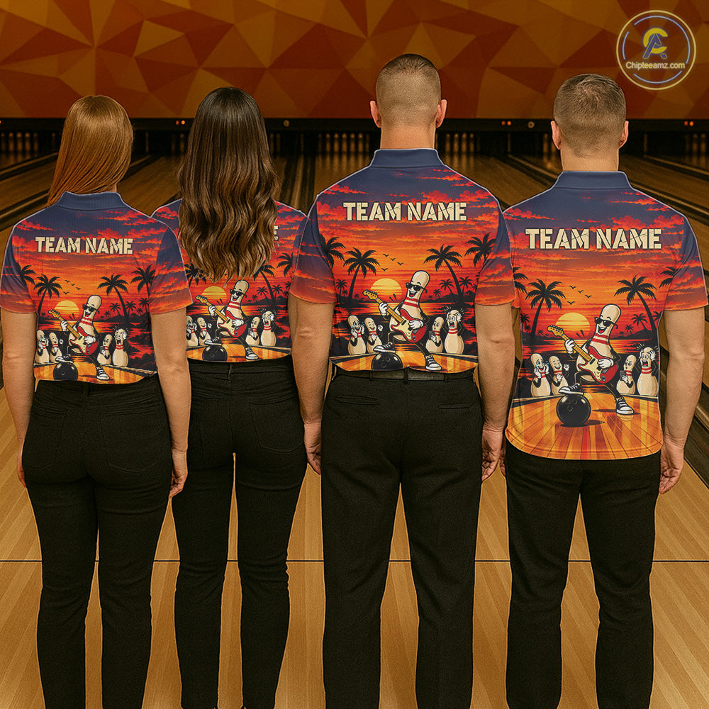 Retro Funny Rocker Bowling Shirts For Men Custom Sunset Tropical Music Bowling Team Jersey TDM7920