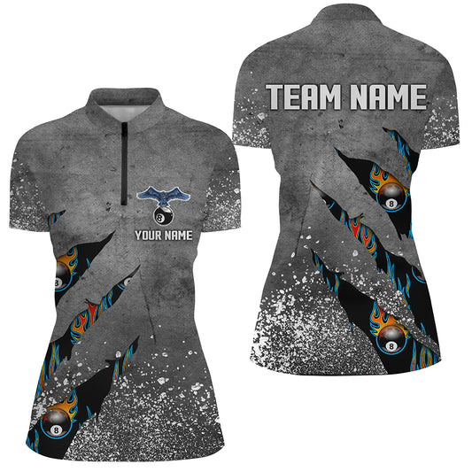 Ball 8 Grey Grunge Billiard Women Quarter-Zip Shirts Custom Team Name Billiard Jerseys  TDM0594