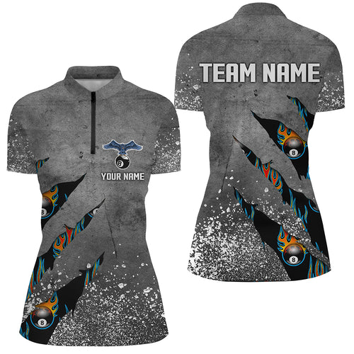 Ball 8 Grey Grunge Billiard Women Quarter-Zip Shirts Custom Team Name Billiard Jerseys  TDM0594