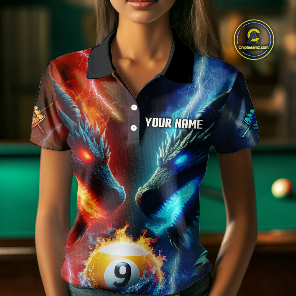 Blue And Orange Custom Dragon 9 Ball Pool Billiard Shirt For Women, Billiard Jersey Polo & 1/4 Zip TDM5232