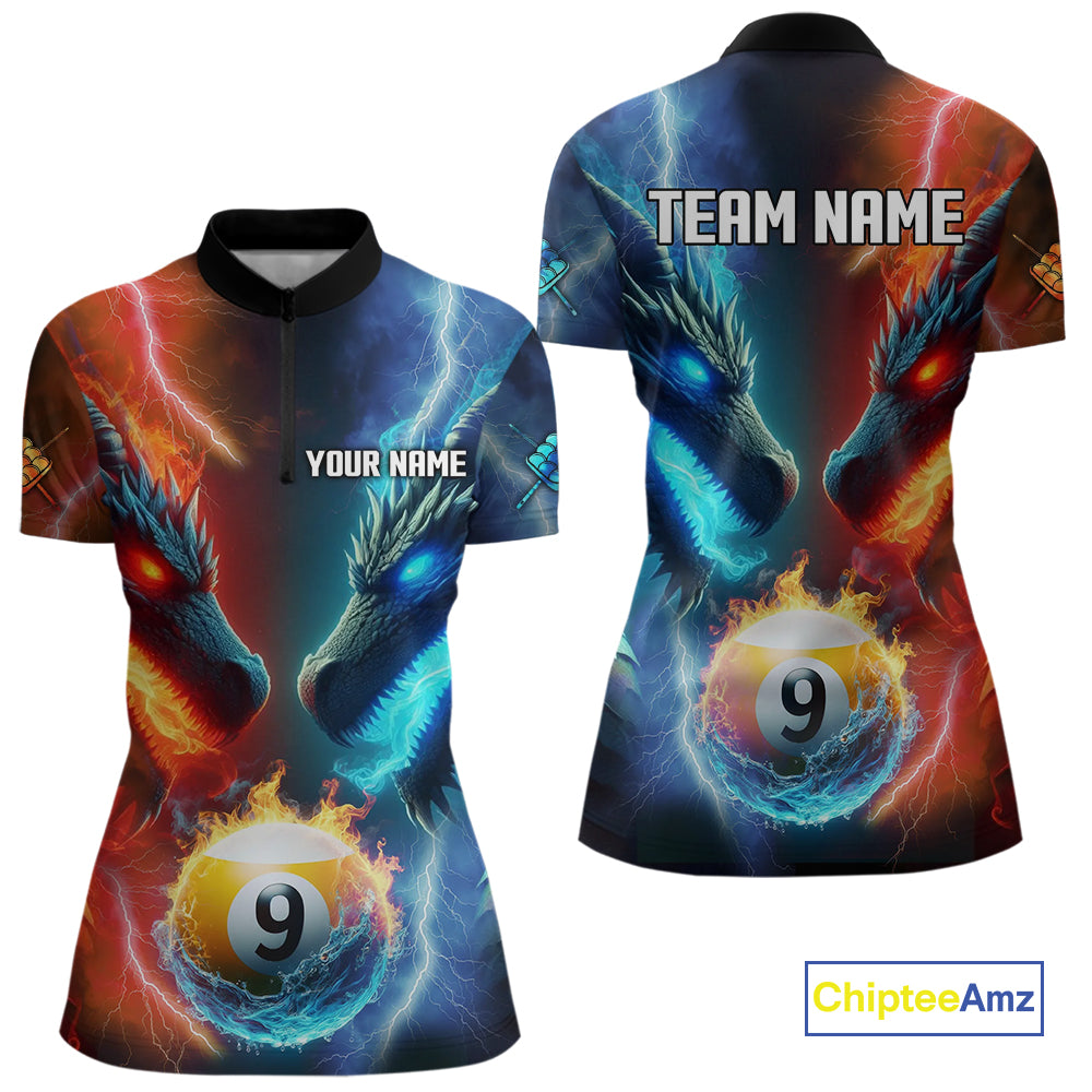 Blue And Orange Custom Dragon 9 Ball Pool Billiard Shirt For Women, Billiard Jersey Polo & 1/4 Zip TDM5232