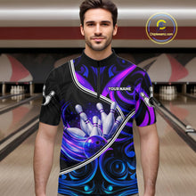 Load image into Gallery viewer, Custom Neon Purple Blue Tribal Bowling Shirts For Men, Bowling Team Jersey Polo &amp; Quarter Zip TDM6106