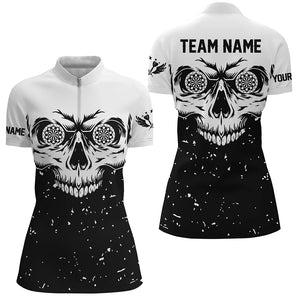 Customized Grunge Black White Skull Darts Women Quarter-Zip Shirts, Team League Darts Shirts TDM1470