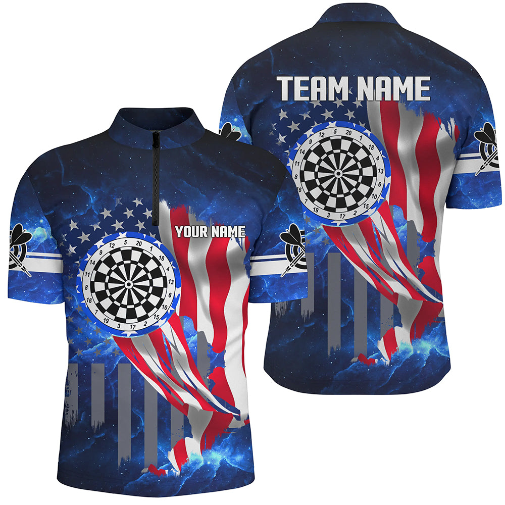 US Flag Darts Board Blue Galaxy Men Quarter-Zip Shirt Custom Patriotic League Darts Jersey TDM1473