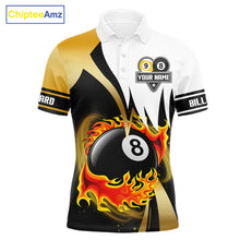 Load image into Gallery viewer, Custom Flame 8 Ball &amp; 9 Ball Billiard Shirt For Men, Pool Team Jersey Polo &amp; Quarter Zip |Gold TDM6539