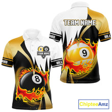 Load image into Gallery viewer, Custom Flame 8 Ball &amp; 9 Ball Billiard Shirt For Men, Pool Team Jersey Polo &amp; Quarter Zip |Gold TDM6539