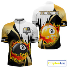 Load image into Gallery viewer, Custom Flame 8 Ball &amp; 9 Ball Billiard Shirt For Men, Pool Team Jersey Polo &amp; Quarter Zip |Gold TDM6539