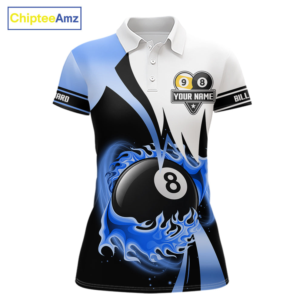 Custom Flame 8 Ball & 9 Ball Billiard Shirt For Women, Pool Team Jersey Polo & Quarter Zip |Blue TDM6540