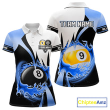 Load image into Gallery viewer, Custom Flame 8 Ball &amp; 9 Ball Billiard Shirt For Women, Pool Team Jersey Polo &amp; Quarter Zip |Blue TDM6540