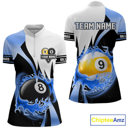 Custom Flame 8 Ball & 9 Ball Billiard Shirt For Women, Pool Team Jersey Polo & Quarter Zip |Blue TDM6540