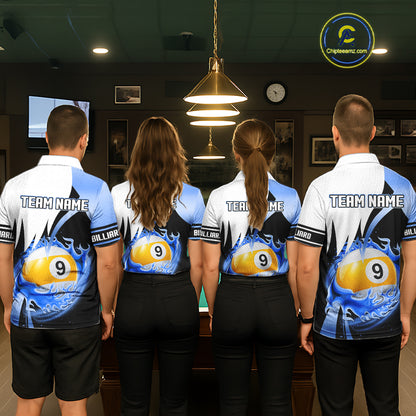 Custom Flame 8 Ball & 9 Ball Billiard Shirt For Women, Pool Team Jersey Polo & Quarter Zip |Blue TDM6540
