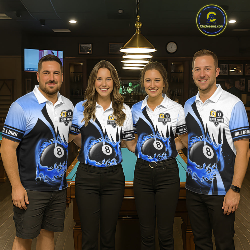 Custom Flame 8 Ball & 9 Ball Billiard Shirt For Women, Pool Team Jersey Polo & Quarter Zip |Blue TDM6540