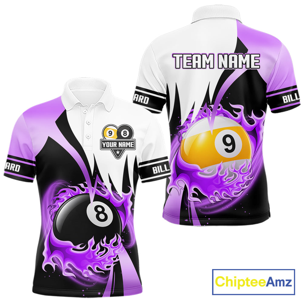 Custom Flame 8 Ball & 9 Ball Billiard Shirt For Men, Pool Team Jersey Polo & Quarter Zip |Purple TDM6541