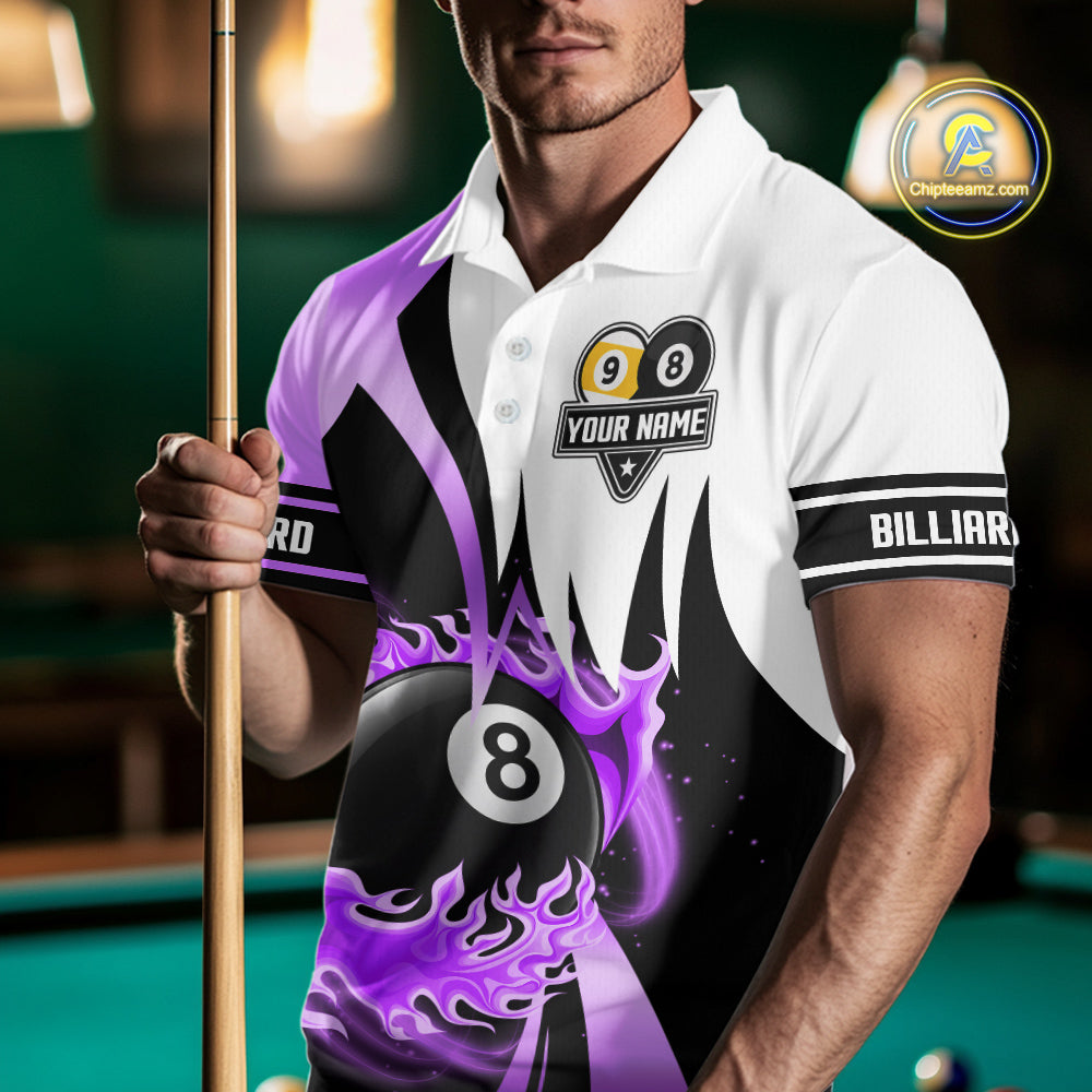 Custom Flame 8 Ball & 9 Ball Billiard Shirt For Men, Pool Team Jersey Polo & Quarter Zip |Purple TDM6541