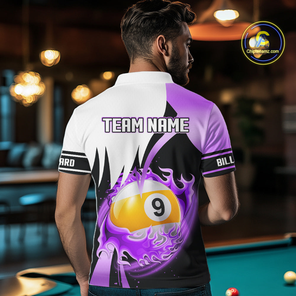 Custom Flame 8 Ball & 9 Ball Billiard Shirt For Men, Pool Team Jersey Polo & Quarter Zip |Purple TDM6541