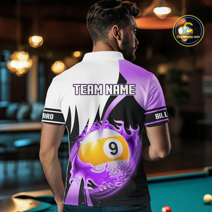 Custom Flame 8 Ball & 9 Ball Billiard Shirt For Men, Pool Team Jersey Polo & Quarter Zip |Purple TDM6541