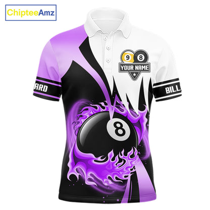 Custom Flame 8 Ball & 9 Ball Billiard Shirt For Men, Pool Team Jersey Polo & Quarter Zip |Purple TDM6541
