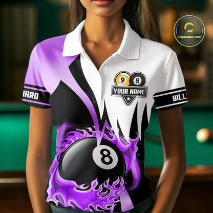 Custom Flame 8 Ball & 9 Ball Billiard Shirt For Women, Pool Team Jersey Polo & Quarter Zip |Purple TDM6541