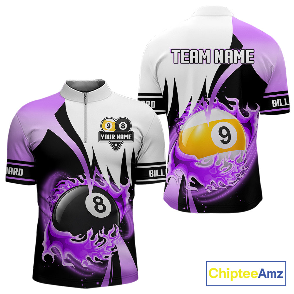 Custom Flame 8 Ball & 9 Ball Billiard Shirt For Men, Pool Team Jersey Polo & Quarter Zip |Purple TDM6541